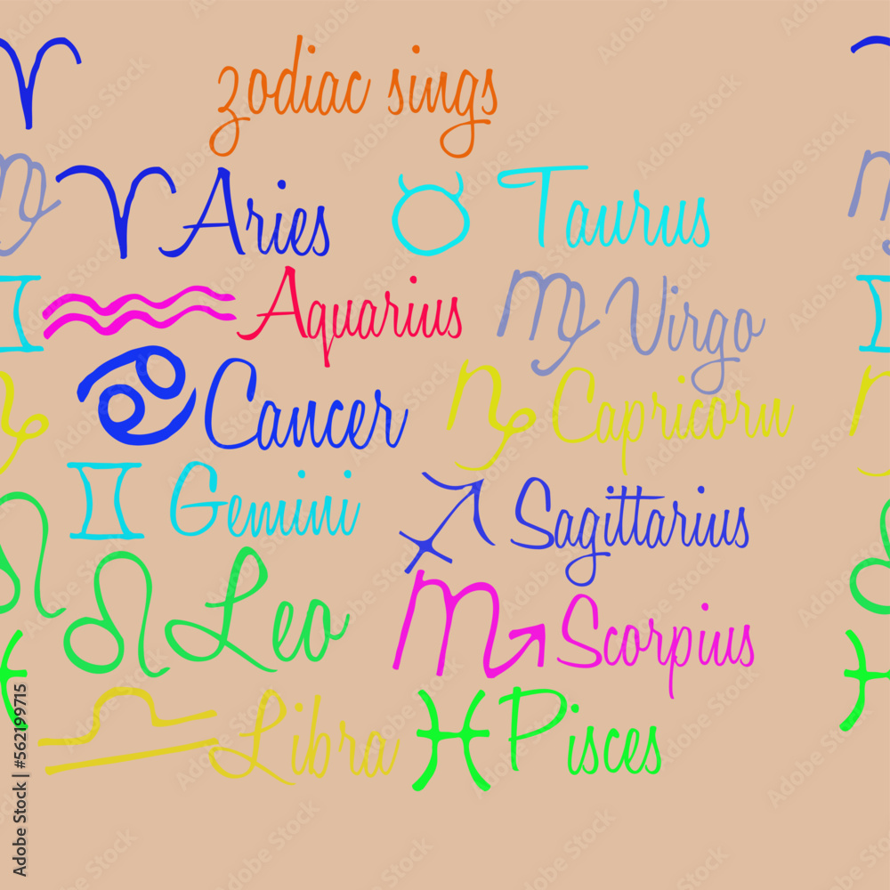 Horizontal stylized all signs zodiac, font. Hand drawn.