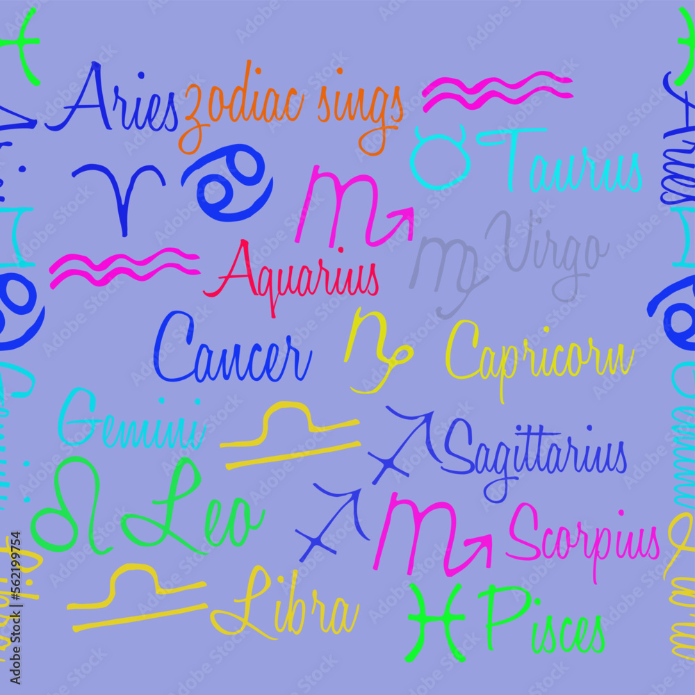 Horizontal stylized all signs zodiac, font. Hand drawn.