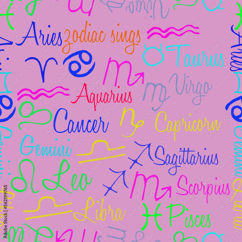 Seamless stylized all signs zodiac, font. Hand drawn.