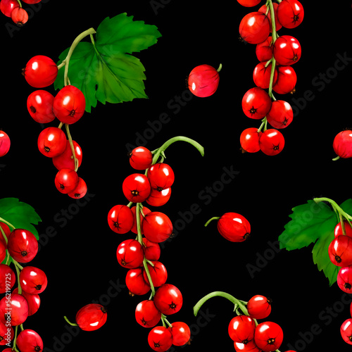Pattern. Watercolor red ripe currant berries isolated on black background. Hand drawn botanical illustration. Clip art berry branches. Viva Magenta color.
