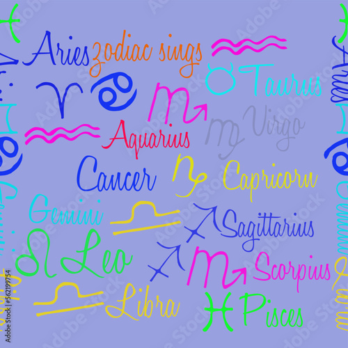Horizontal stylized all signs zodiac, font. Hand drawn.