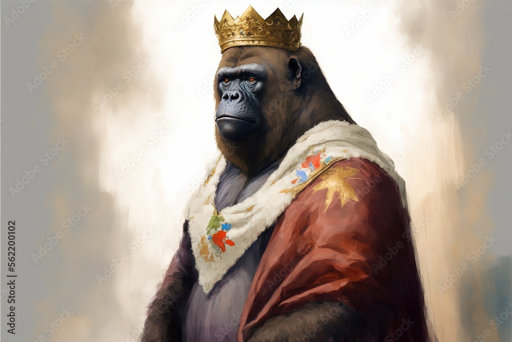 Gorilla painting with king crown and cape, white background. Generative AI Gorilla painting with king crown and cape, white background. Generative AI