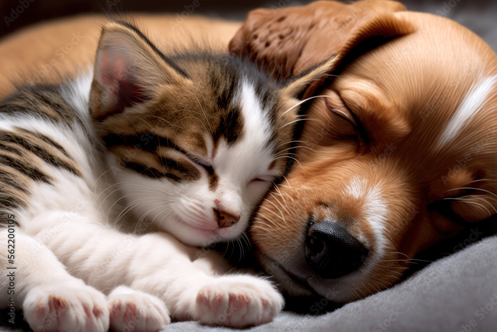 adorable cat and dog sleeping together. friendship concept. generative ai adorable cat and dog sleeping together. friendship concept. generative ai
