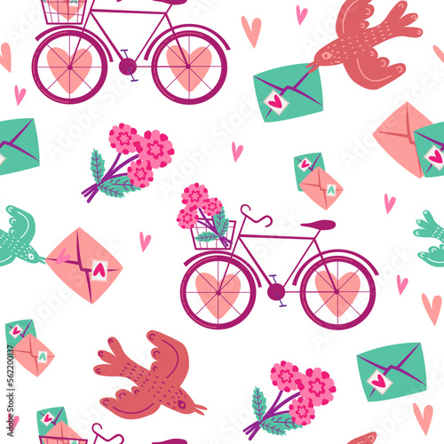 VALENTINE'S DAY.  Pattern with bikes , letters and birds