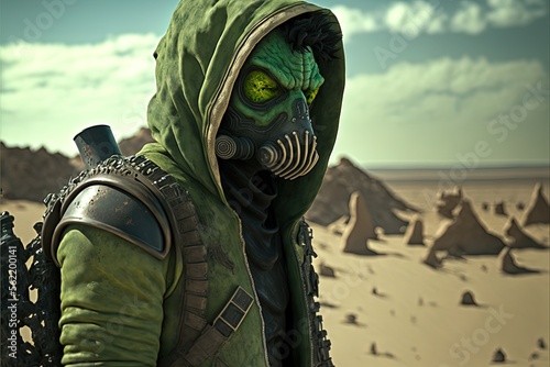 Alien green ogre with leather jacket and gas mask, desert planet in the background. AI digital illustration photo