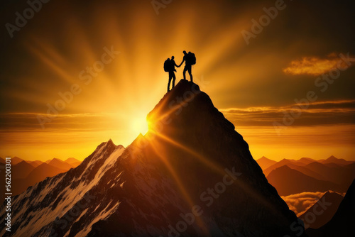 two person on top of mountain peak. goal, success and teamwork concepts. generative ai
