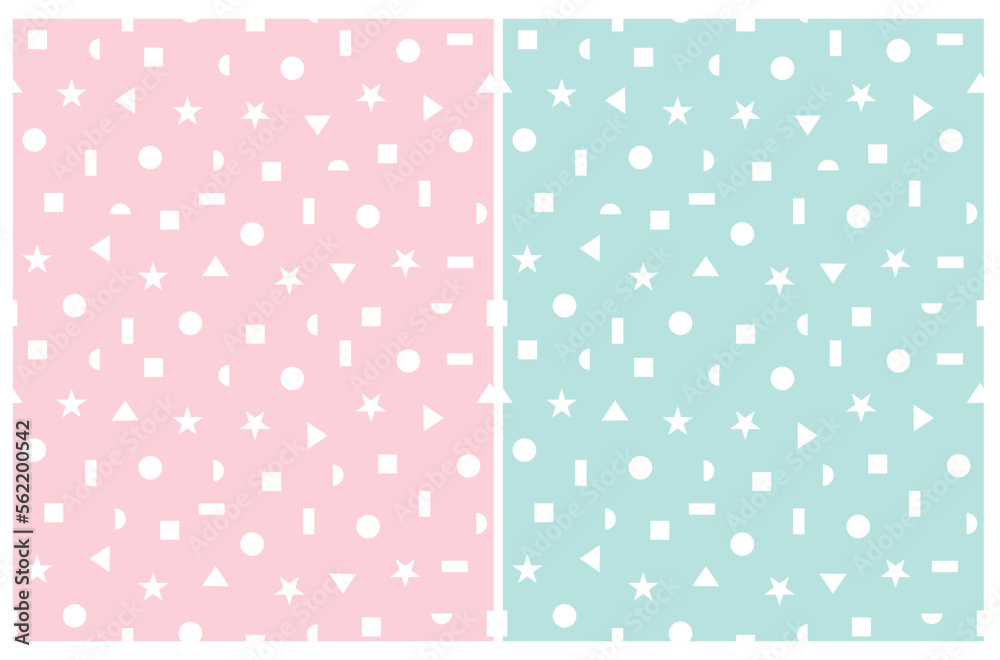 Simple Geometric Seamless Vector Pattern. White Abstract Elements Isoletad on a Light Pink and Light Mint Blue Background. Repeatable Print with White Circle, Star, Triangle and Squares. Simple Geometric Seamless Vector Pattern. White Abstract Elements Isoletad on a Light Pink and Light Mint Blue Background. Repeatable Print with White Circle, Star, Triangle and Squares.