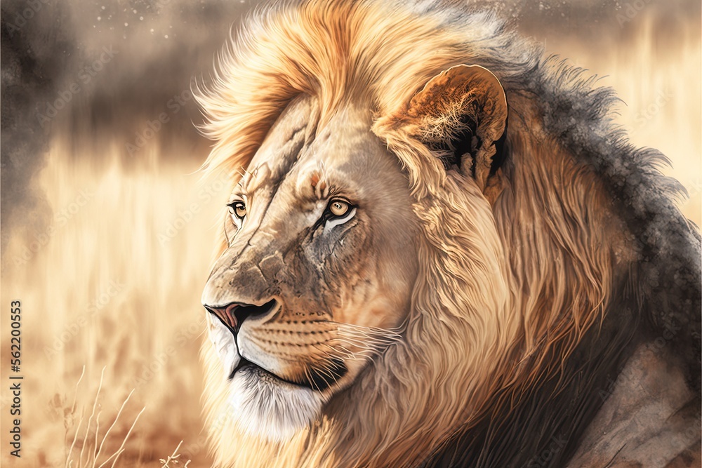 Lion standing with imposing pose, landscape in the background. AI digital illustration