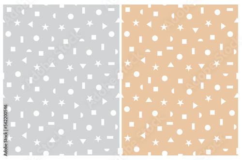 Simple Geometric Seamless Vector Pattern. White Abstract Elements Isoletad on a Light Gray and Light Gold Background. Repeatable Print with White Circle, Star, Triangle and Squares. 