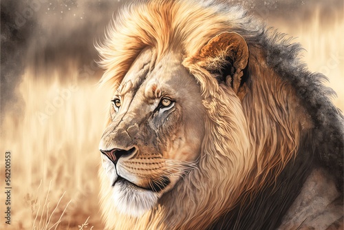 Lion standing with imposing pose  landscape in the background. AI digital illustration