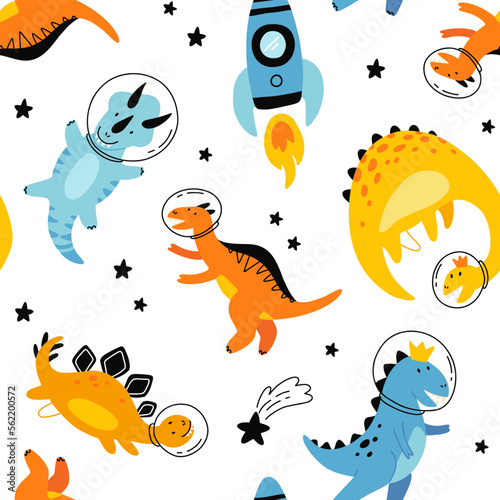 Dino in space seamless pattern. Cute dragon characters  dinosaur traveling galaxy with stars  planets. Kids cartoon vector background. Illustration of astronaut dragon  kids wrapping with cosmic dino