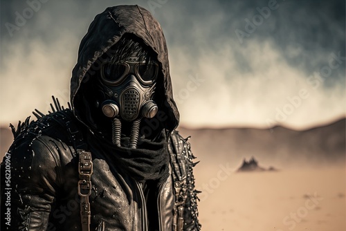 Man in hood, leather jacket and gas mask, desert in the background. AI digital illustration