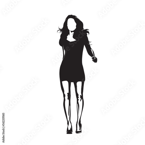 Sexy woman walking, front view, isolated vector silhouette, ink drawing. Catwalk