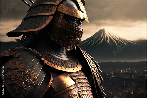 Gloomy samurai warrior in golden armor, battlefield in background. Generative AI photo