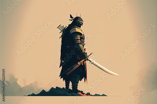 Samurai warrior with armor and sword, beige background, minimalist illustration. Generative AI photo