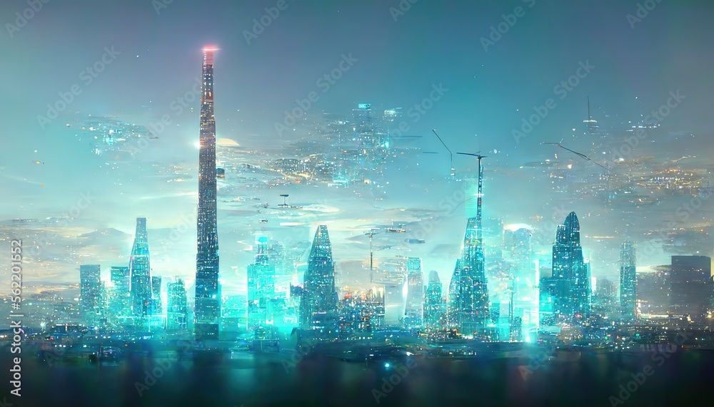 Raster illustration of the night modern city. Cyberpunk, buildings, skyscrapers, neon glow, science fiction, artificial intelligence. Technology concept. 3d raster illustration for business. AI