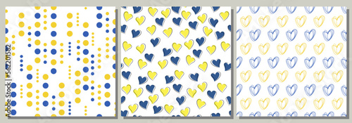 Set of seamless pattern Yellow and blue hearts, circles on a white background. polka dot art design. National color of Ukraine. Ukrainian background for printing postcards, wallpaper, fabric, paper