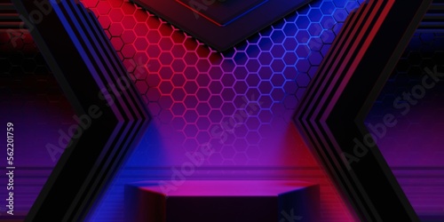 Fototapeta Naklejka Na Ścianę i Meble -  3d illustration rendering of futuristic cyberpunk city. gaming wallpaper scifi background, a esports gamer banner sign of neon glow, technology and network