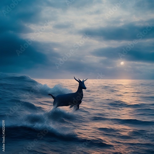 mythical creature at sunset  by the seashore  fantasy  ai