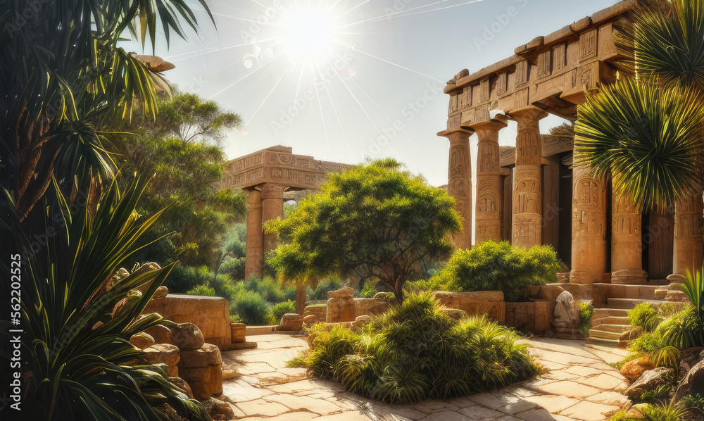 ancient Roman and Egyptian ruins surrounded by lush vegetation - Generative AI
