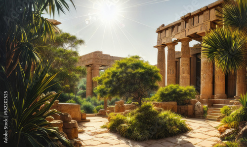 ancient Roman and Egyptian ruins surrounded by lush vegetation - Generative AI