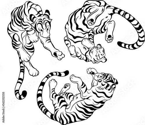 Black and white vector tiger. Tiger in motion.