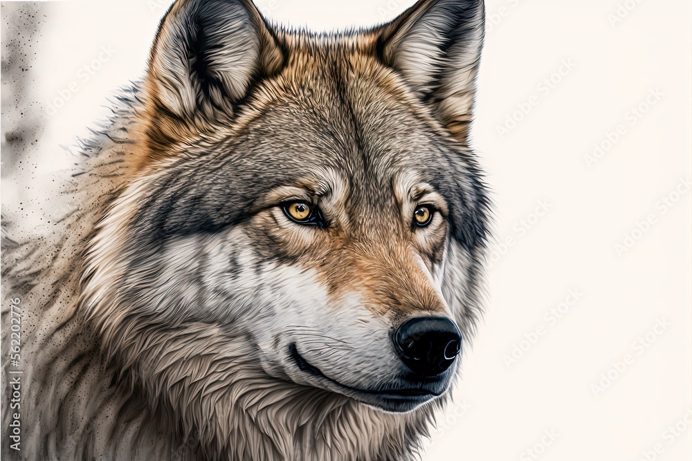 Wolf with intimidating look, wolf face with white background. Generative AI