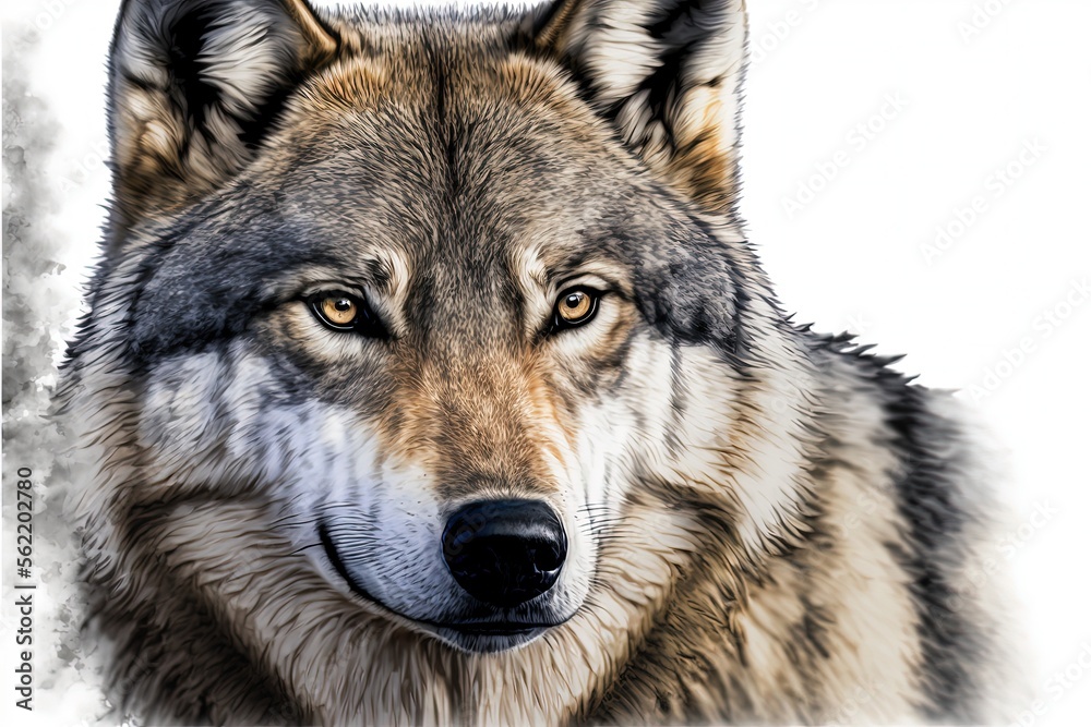 Fototapeta premium Wolf with intimidating look, wolf face with white background. Generative AI