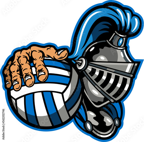 knight mascot holding volleyball for school, college or league sports