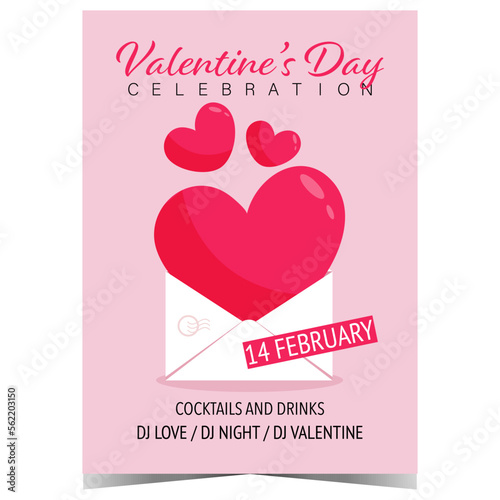 Valentine's Day invitation card to celebrate the Feast of Saint Valentine on February 14. Promo banner, poster, brochure, booklet or leaflet with big red heart in an envelope on pink background. 