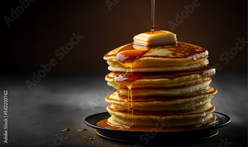 A stack of fluffy pancakes with a pat of melting butter and drizzled maple syrup. Generative AI
