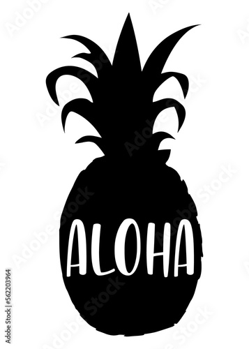 Logo destino de vacaciones. Letras de la palabra hawaiana aloha en texto manuscrito en silueta de piña photo