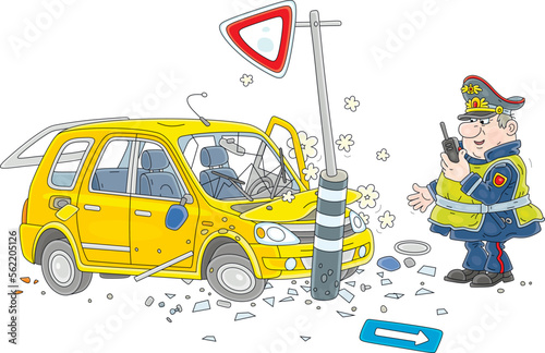 Traffic policeman inspecting a road accident with a car crashed into a signpost, vector cartoon illustration isolated on a white background