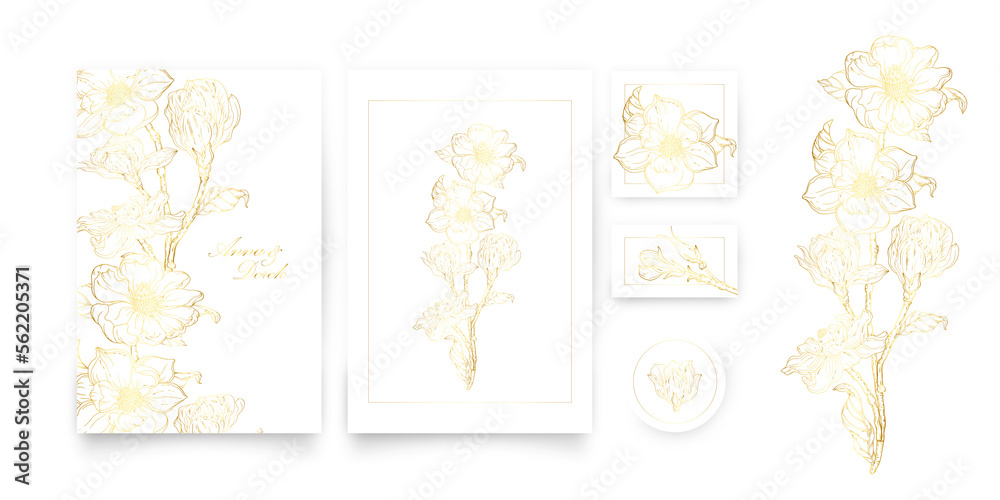 A set of cards with a gold floral ornament. Romantic set