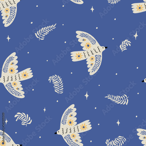 Beautiful seamless pattern with dove of peace, flowers, leaves, branches. Spring background. Vector illustration for wrapping paper, textile print, factory.