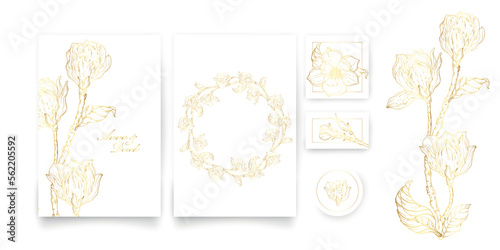 A set of cards with a gold floral ornament. Romantic set