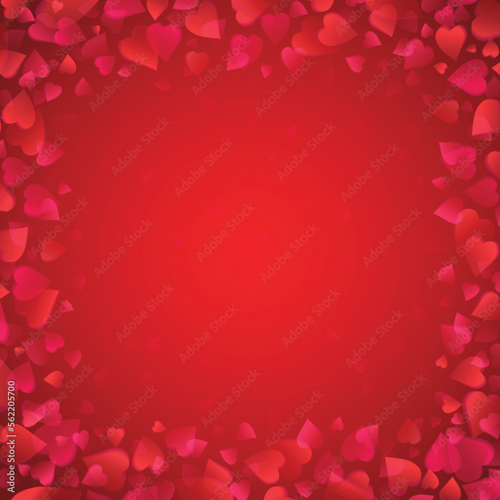 Valentines greetings background with frame of red  hearts. Valentines frame. Square holiday background, banners, posters, cards, website. Vector illustration