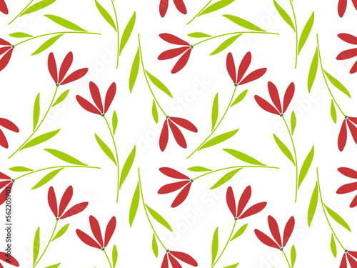 Seamless flower pattern. Red flowers grow. Spring flowers for spring holiday design. Cartoon flat vector illustration for wallpaper, textile, packaging. Endless texture for easter and spring design