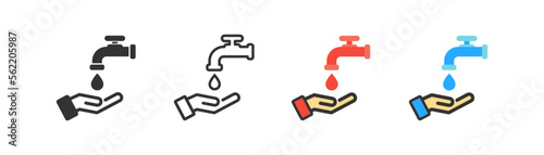 Hand under falling waterdrop out of tap icon. Washing hands symbol. Hygiene concept. Red hot and blue cold water sign. Outline, flat, and colored style. Flat design.