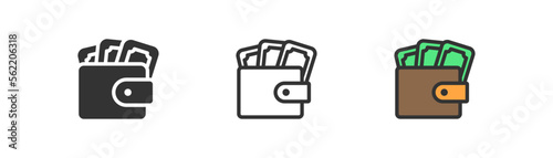 Wallet icon on light background. Finances, economy symbol. Brown wallet with green cash dollar. Business, financial investment concept. Outline, flat, and colored style.Flat design.