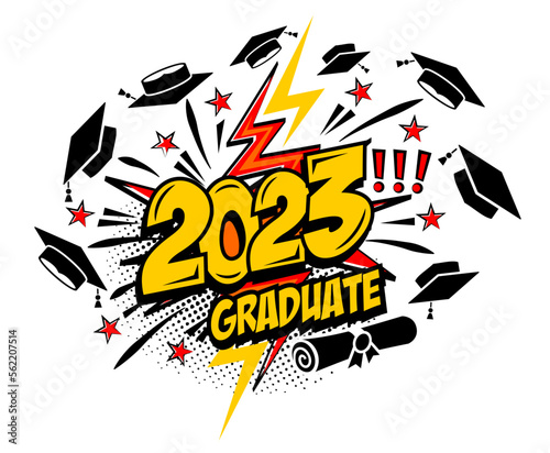 2023 class graduate header. The concept of decorate congratulation for school graduates in comic cartoon style. Vector on transparent background