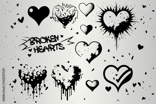 Collection of unique graffiti hearts. Painted broken heart. Spray ink hearts. Romantic valentine day heart, Abstract paint love symbol vector design elements. Ink graphic graffiti stains.