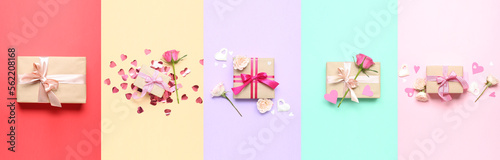Collage with many gifts for Valentine's Day on colorful background, flat lay
