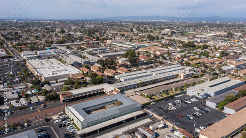 Daytime aerial view of housing in the urban core of Bellflower, California, USA. photo