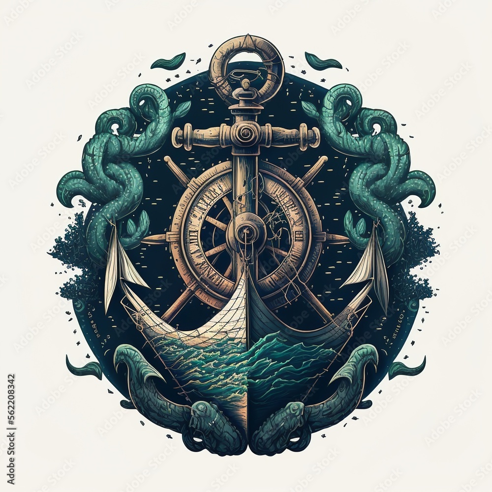 Nautical sailor deep sea logo with ship and anchor isolated design