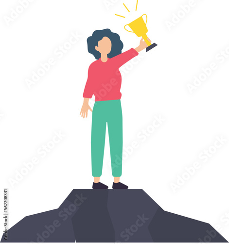 Fotografi Woman celebrating victory, Girl holding gold cup on winner podium flat vector il