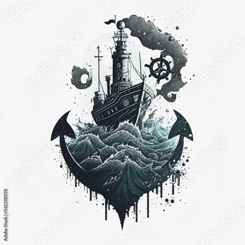Nautical sailor deep sea logo with steamboat and anchor isolated design