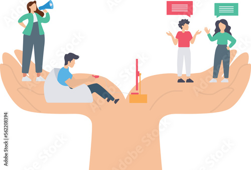 Giant hands holding tiny office workers, Concept of employee care, wellbeing at work or workplace, perks and benefits for personnel, support of professional growth, Employees Care concept illustration