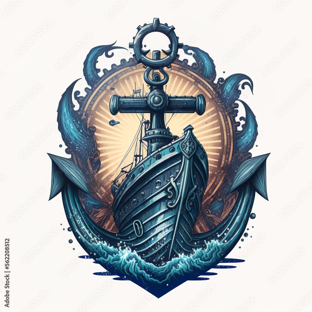 Nautical sailor deep sea logo with ship and anchor isolated design