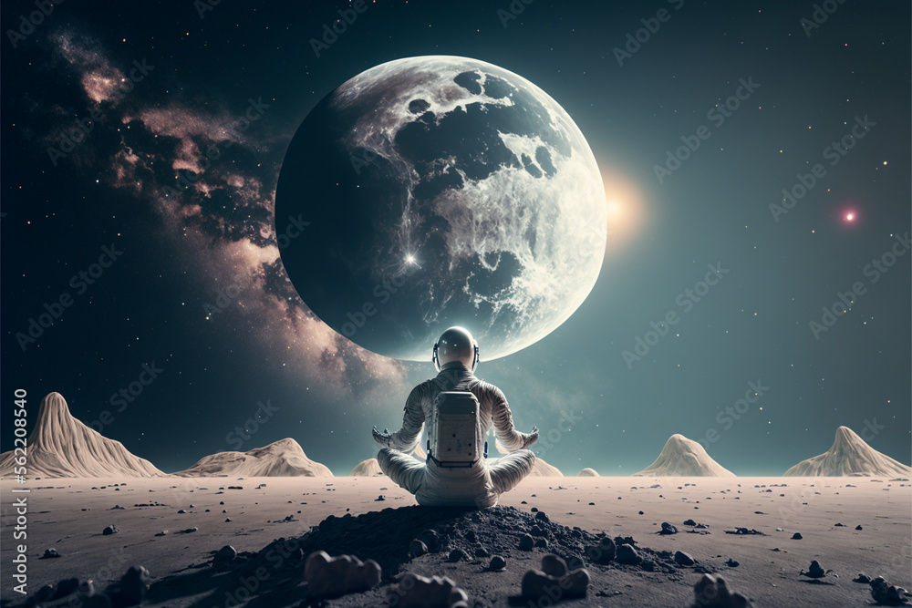 Obraz premium astronaut in the lotus position meditates on the moon, the concept of a conscious spiritual person created by artificial intelligence, art